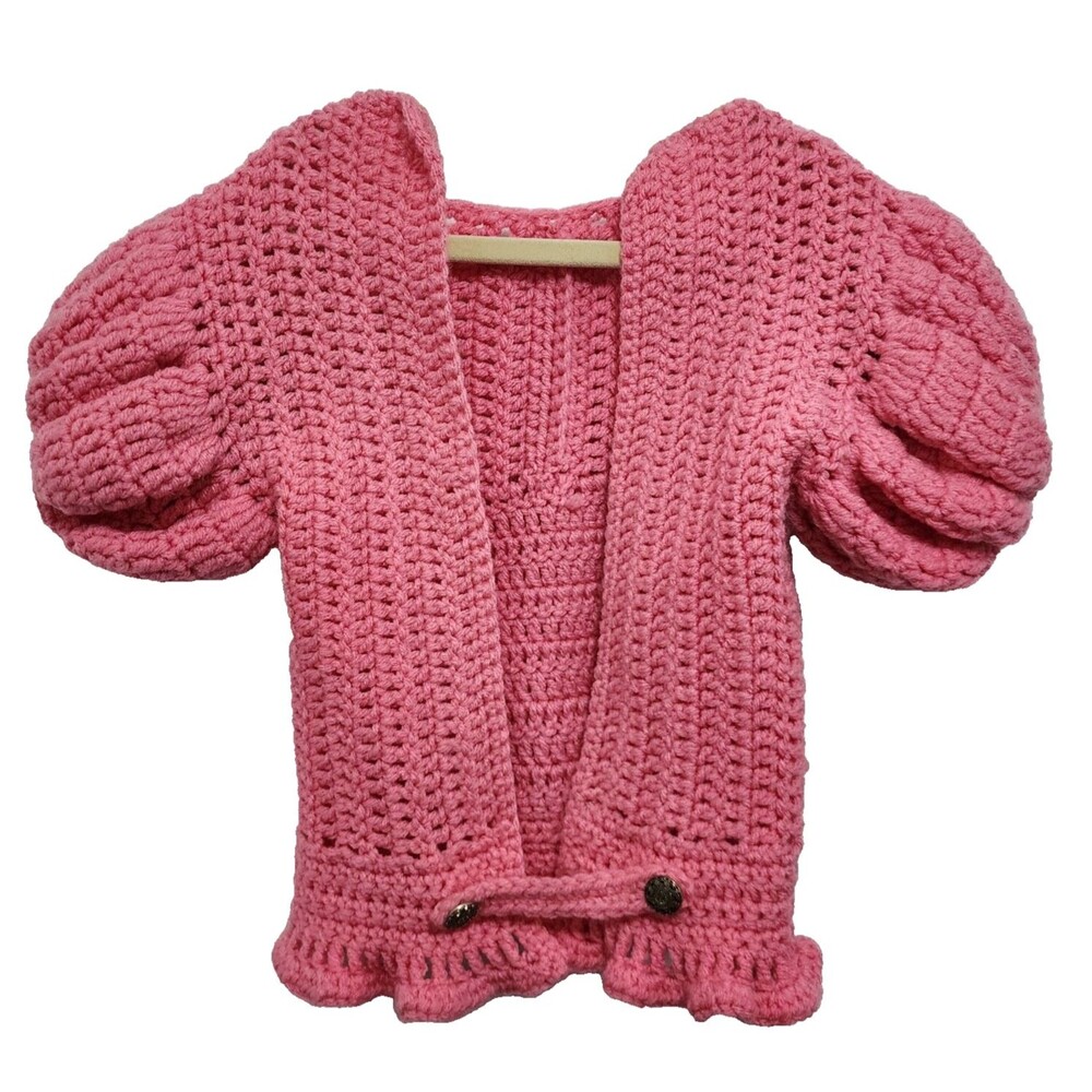 Vintage Pink Handmade Crochet Toddler Cardigan Girls Knit Sweater Balloon Sleeve